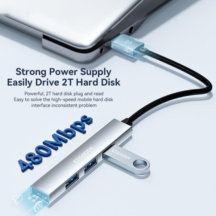 Bild 3, ESSAGER ESSAGER USB-A Hub 4x USB-A 2.0 Portar Aluminium Grå