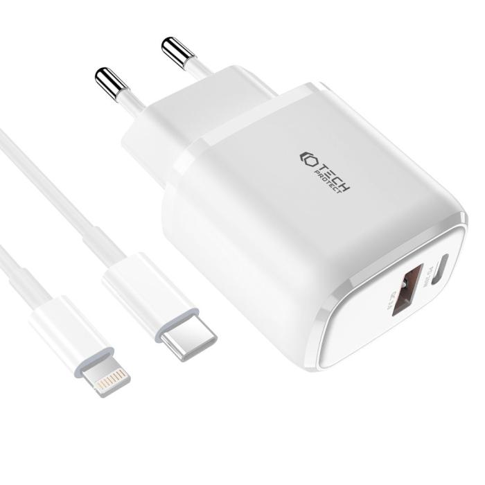 Bild 2, Tech-Protect Tech-Protect 20W Väggladdare PD Inkl. USB-C - Lightning Kabel Vit