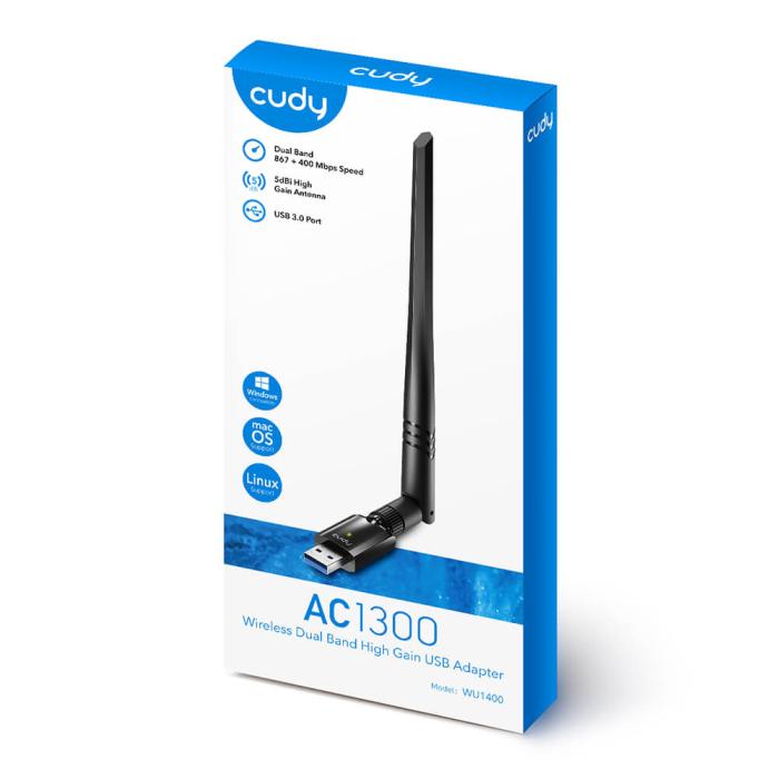 Bild 2, Cudy Cudy Wi-Fi Adapter USB WU1400 AC1300 High Gain Svart