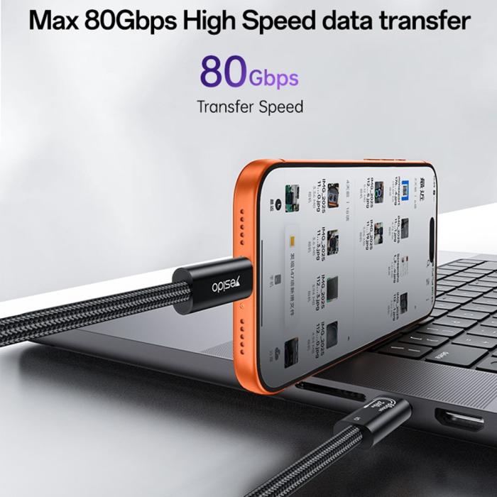 Bild 2, YESIDO YESIDO 1m Thunderbolt 5 Kabel USB-C - USB-C 240W Svart