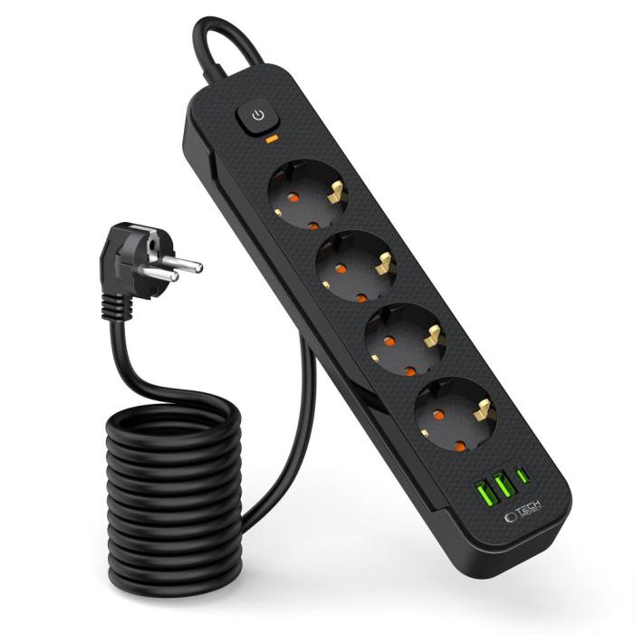 Bild 2, Tech-Protect Tech-Protect 2 m Förgreningsdosa Med USB-C/USB-A Svart