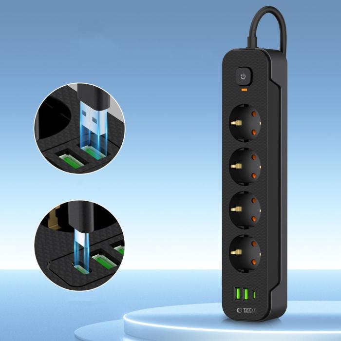 Bild 3, Tech-Protect Tech-Protect 2 m Förgreningsdosa Med USB-C/USB-A Svart