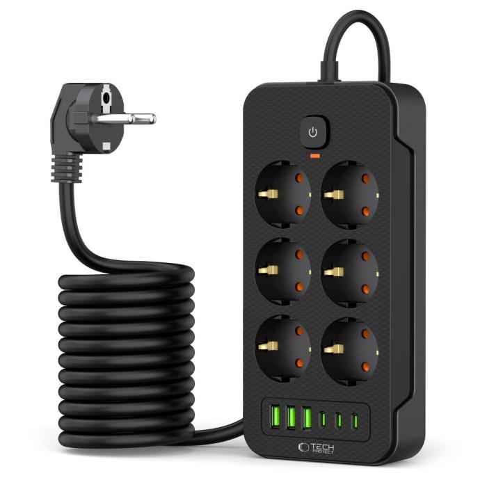 Bild 2, Tech-Protect Tech-Protect 2 m Förgreningsdosa Med USB-C/USB-A Svart