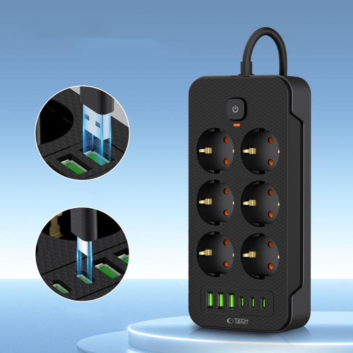 Bild 3, Tech-Protect Tech-Protect 2 m Förgreningsdosa Med USB-C/USB-A Svart