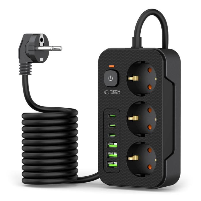 Bild 2, Tech-Protect Tech-Protect 2 m Förgreningsdosa Med USB-C/USB-A Svart