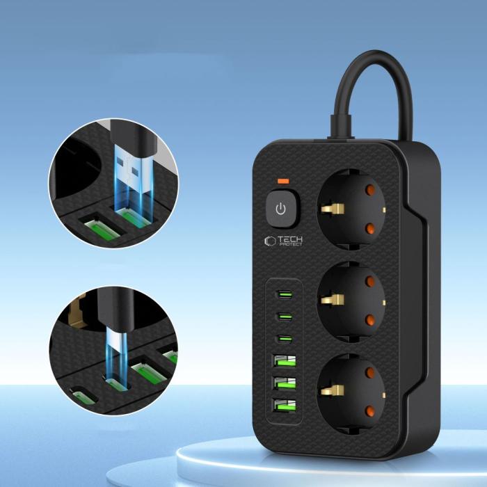 Bild 3, Tech-Protect Tech-Protect 2 m Förgreningsdosa Med USB-C/USB-A Svart