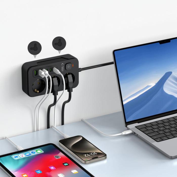 Bild 5, Tech-Protect Tech-Protect 2 m Förgreningsdosa Med USB-C/USB-A Svart
