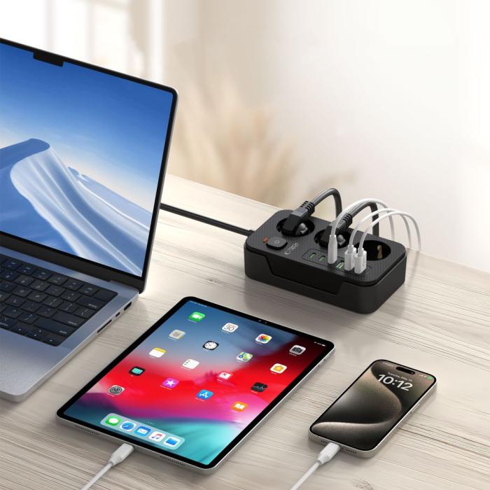 Bild 6, Tech-Protect Tech-Protect 2 m Förgreningsdosa Med USB-C/USB-A Svart