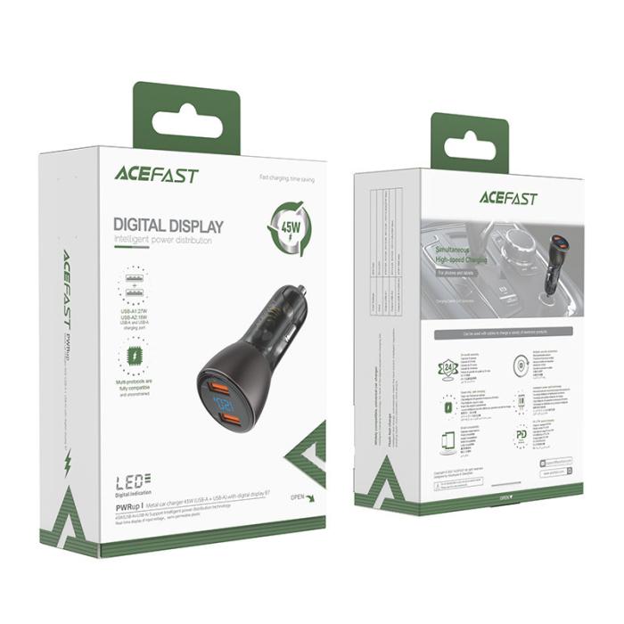 Bild 6, Acefast Acefast 45W Snabbladdare Billaddare 2x USB-A Svart