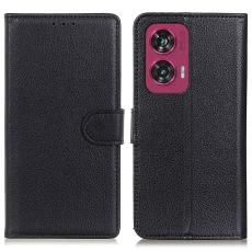  Motorola Edge 50 Fusion 5G Litchi L&auml;der Fodral Svart