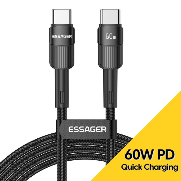 Bild 2, ESSAGER ESSAGER 1m 60W PD USB-C - USB-C Laddningskabel Svart