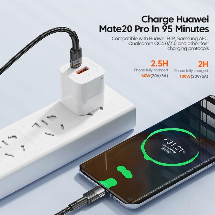 Bild 3, ESSAGER ESSAGER 1m 60W PD USB-C - USB-C Laddningskabel Svart