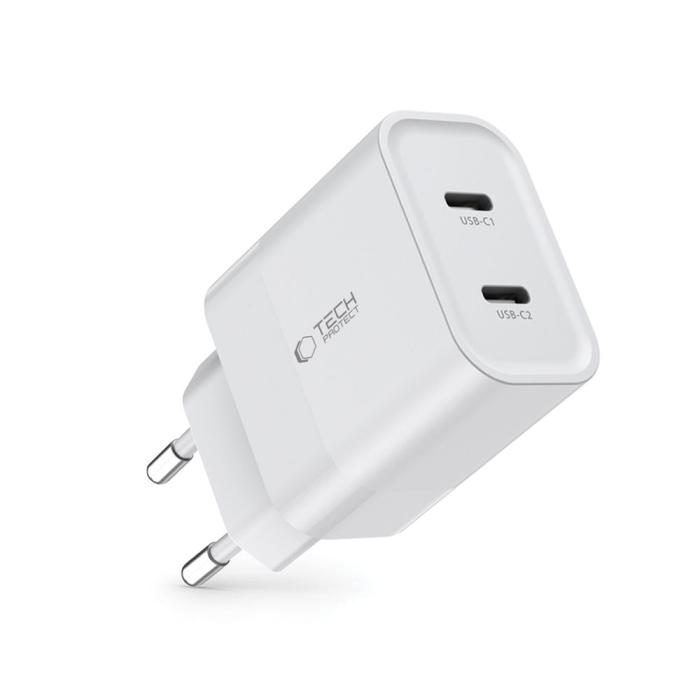 Bild 2, Tech-Protect Tech-Protect 20W PD 2x USB-C Väggladdare Vit
