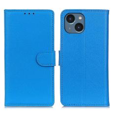  iPhone 15 Plus Fodral Litchi L&auml;der Bl&aring;