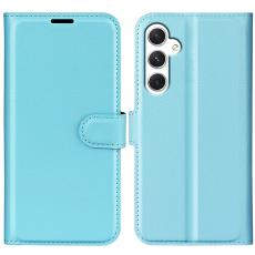  Samsung Galaxy S24 Fodral Litchi L&auml;der Ljus Bl&aring;