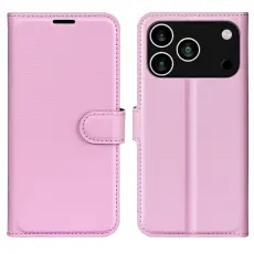  iPhone 17 Pro Fodral Litchi L&auml;der Ljus Rosa
