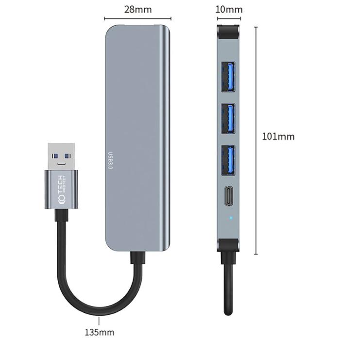 Bild 5, Tech-Protect Tech-Protect 5in1 USB-A Hub USB-C / USB-A Grå