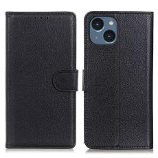  iPhone 15 Plus Fodral Litchi L&auml;der Svart