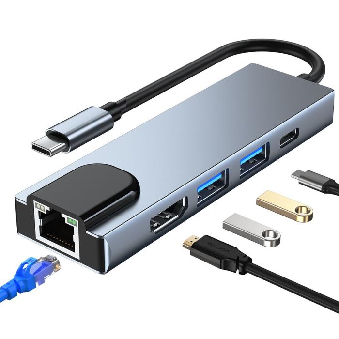 Bild 2, Tech-Protect Tech-Protect 5in1 USB-C Hub USB/HDMI/Ethernet/USB-C Grå