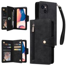  iPhone 14 Fodral 9-kort Multifunktionell L&auml;der Svart