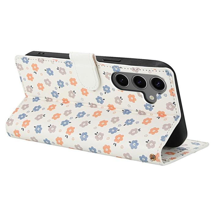 Bild 3,  Samsung Galaxy S26 Fodral Rhombus Läder Blommor Vit