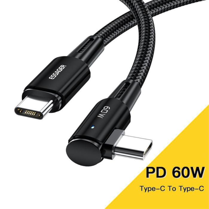 Bild 2, ESSAGER ESSAGER 2m 60W PD USB-C - USB-C Elbow Laddningskabel Svart