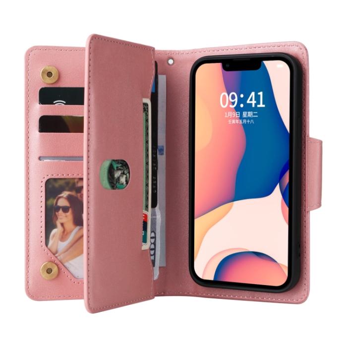 Bild 4,  iPhone 14 Fodral 9-kort Multifunktionell Läder Roséguld
