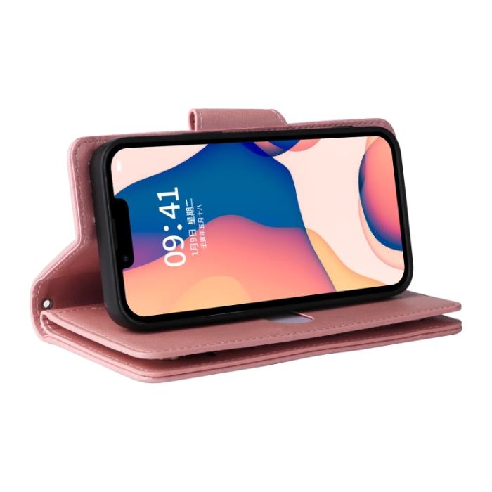 Bild 5,  iPhone 14 Fodral 9-kort Multifunktionell Läder Roséguld