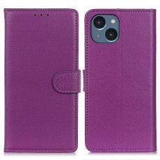  iPhone 15 Plus Fodral Litchi L&auml;der Lila