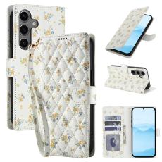  Samsung Galaxy S26 Fodral Rhombus L&auml;der Blommor Vit