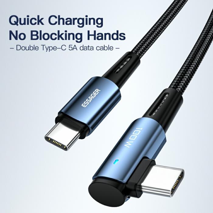 Bild 2, ESSAGER ESSAGER 2m 100W PD USB-C - USB-C Elbow Laddningskabel Svart