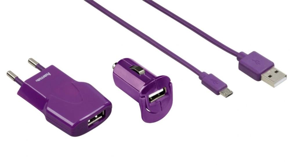  HAMA laddningsset Billaddare + Strömadapter Micro-Usb 140cm - Lila