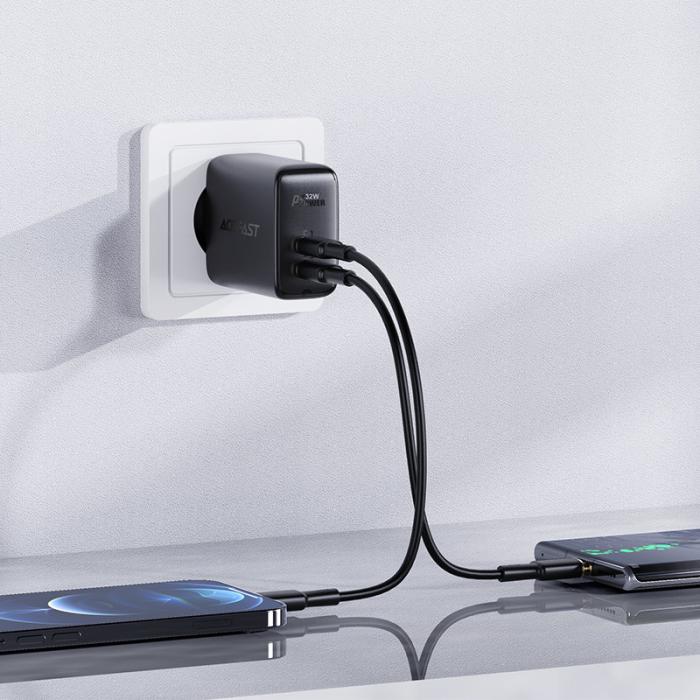 Bild 4, Acefast Acefast 32W PD PPS QC USB-C / USB-A Väggladdare Svart
