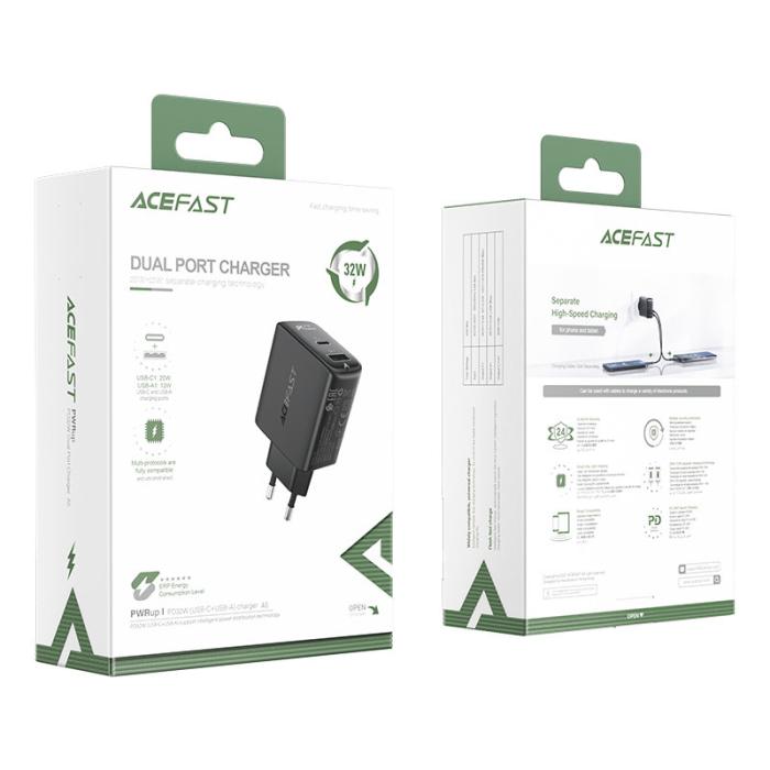 Bild 5, Acefast Acefast 32W PD PPS QC USB-C / USB-A Väggladdare Svart