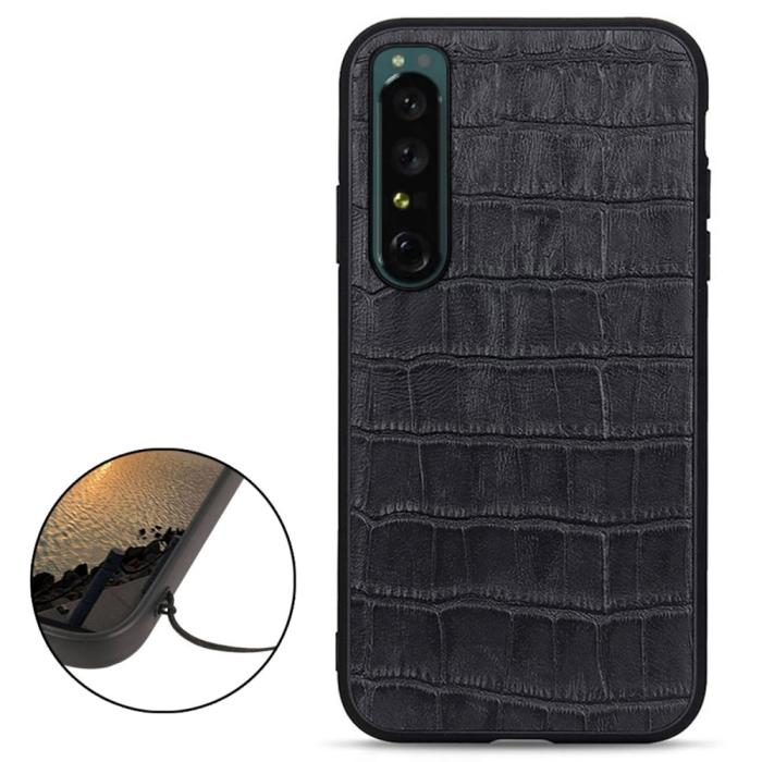 Bild 2,  Sony Xperia 1 IV Skal Äkta Läder Krokodil Textur Svart