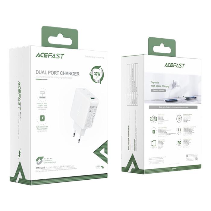 Bild 3, Acefast Acefast 32W PD PPS QC USB-C / USB-A Väggladdare Vit