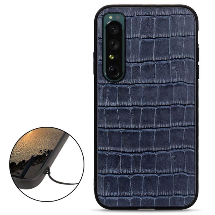 Bild 2,  Sony Xperia 1 IV Skal Äkta Läder Krokodil Textur Blå