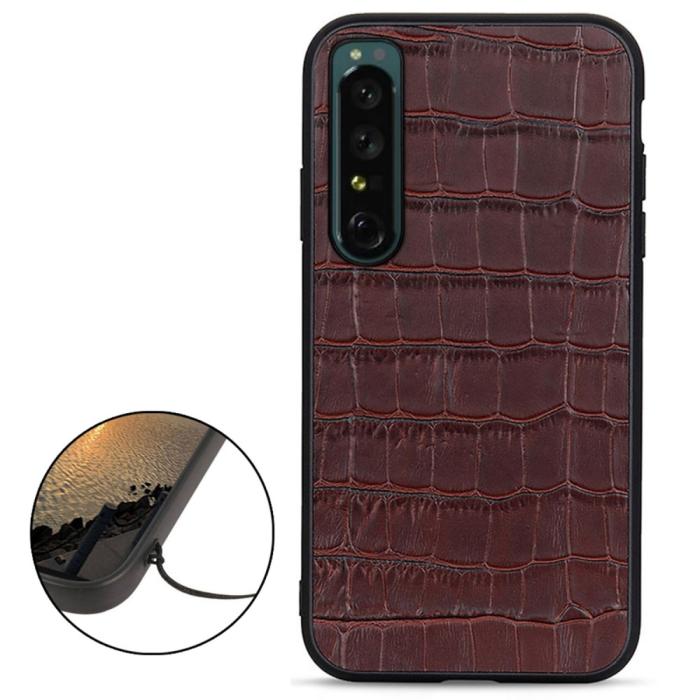 Bild 2,  Sony Xperia 1 IV Skal Äkta Läder Krokodil Textur Brun