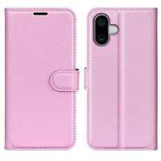  iPhone 16 Plus Fodral Litchi L&auml;der Ljus Rosa