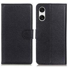  Sony Xperia 10 VI Litchi L&auml;der Fodral Svart