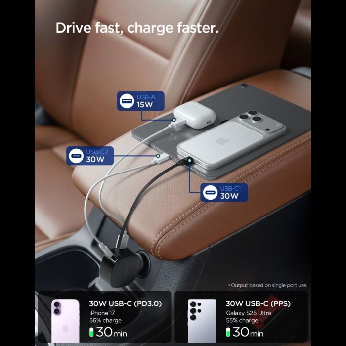 Bild 3, Spigen Spigen 60W USB-C / USB-A Billaddare Essentail Svart