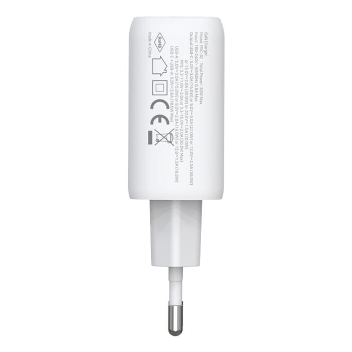 Bild 5, AMORUS Amorus 30W GaN PD QC USB-C / USB-A Väggladdare Vit