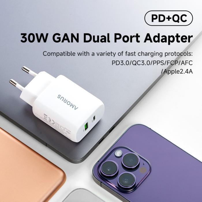Bild 6, AMORUS Amorus 30W GaN PD QC USB-C / USB-A Väggladdare Vit