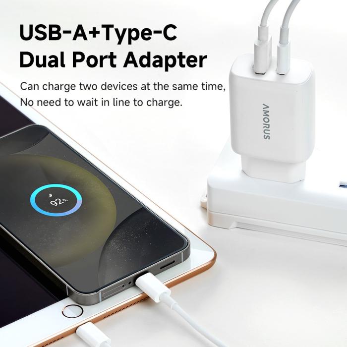 Bild 7, AMORUS Amorus 30W GaN PD QC USB-C / USB-A Väggladdare Vit