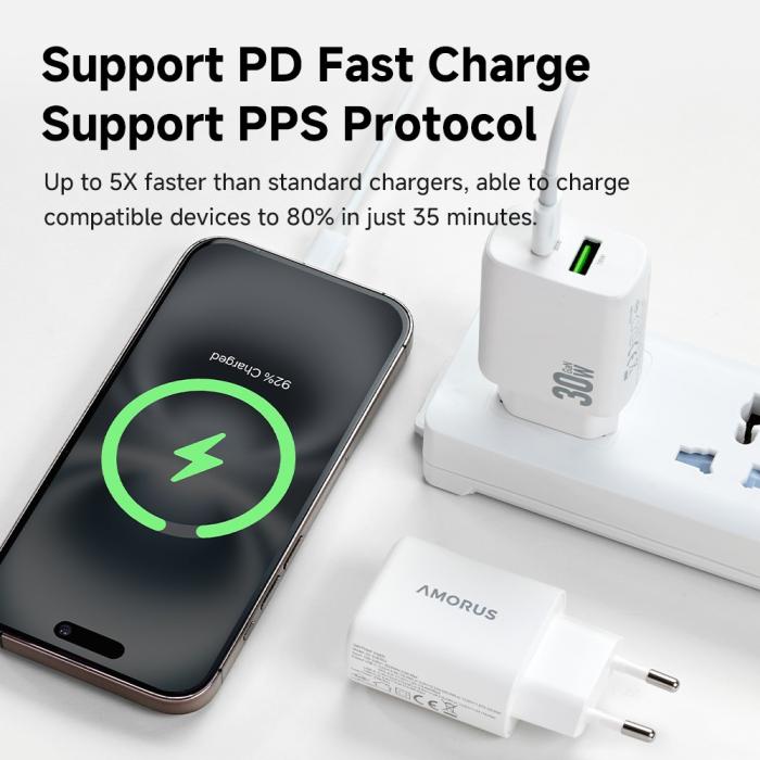Bild 8, AMORUS Amorus 30W GaN PD QC USB-C / USB-A Väggladdare Vit