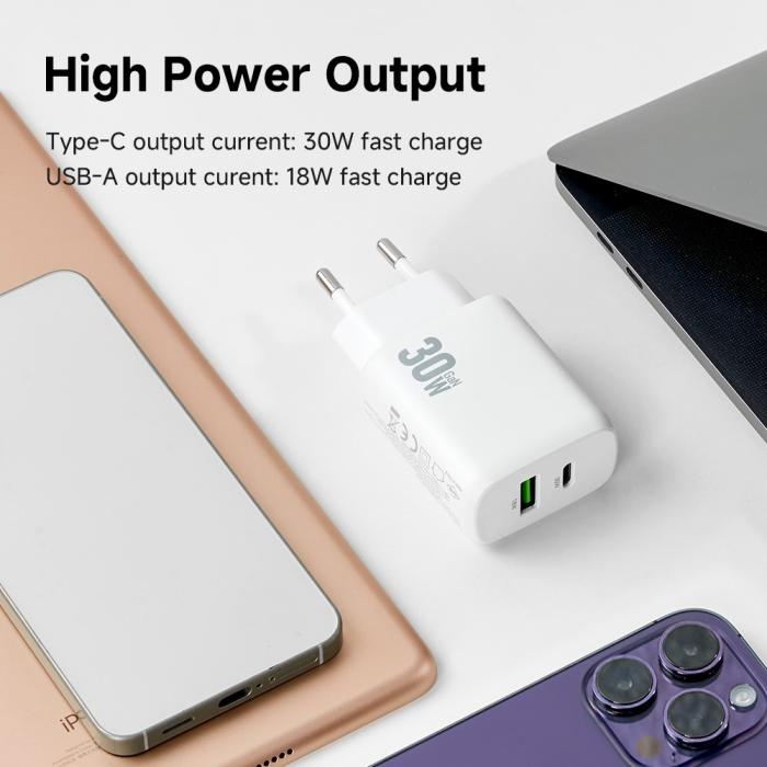Bild 9, AMORUS Amorus 30W GaN PD QC USB-C / USB-A Väggladdare Vit