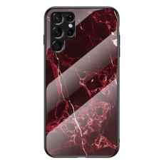  Samsung Galaxy S22 Ultra Skal Marmor H&auml;rdat Glas Blood Red
