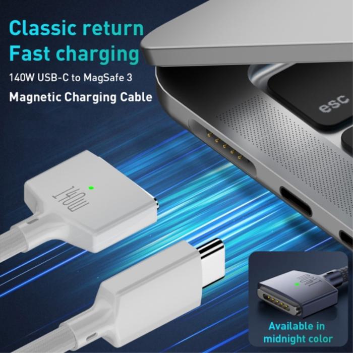 Bild 5,  2m 140W PD USB-C - MagSafe 3 Magnetisk Nylon Kabel Blå