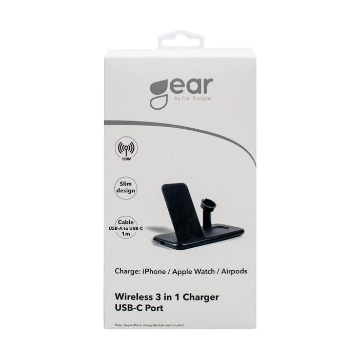 Bild 2, Gear GEAR 20W Trådlös Tripple Qi Laddare USB-C Mobil/Watch/Airpods Svart