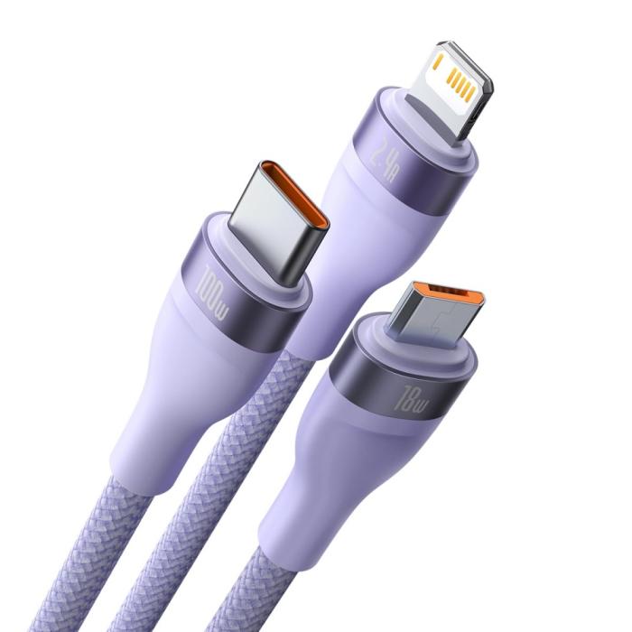 Bild 2, BASEUS BASEUS 1.2 m 100W 3in1 USB-C/Lightning/MicroUSB Lila